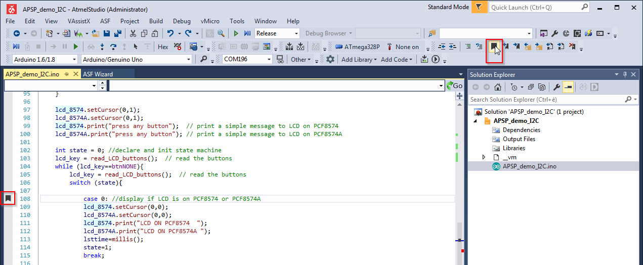 Bookmarks in Visual Micro for Atmel Studio